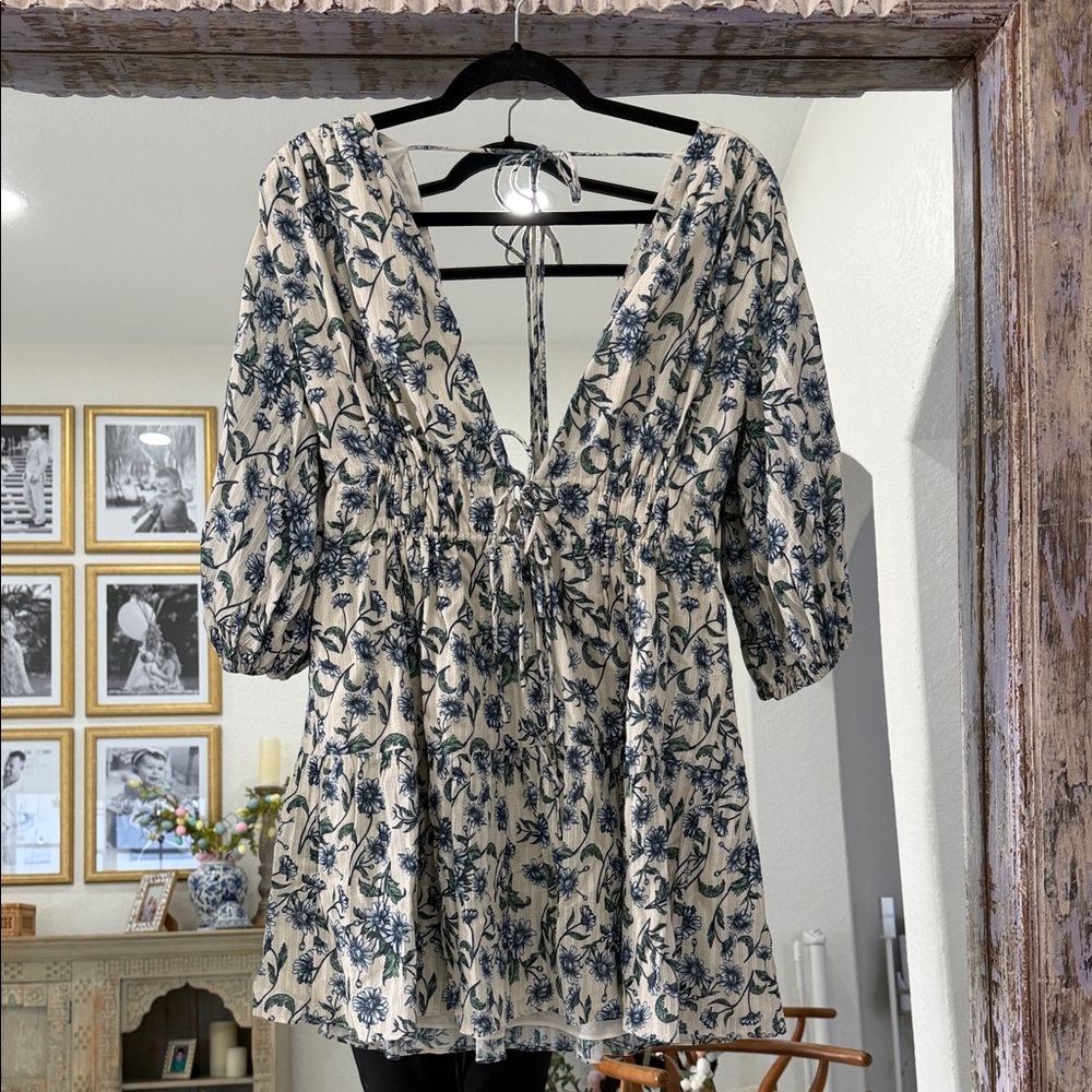 100% Cotton Floral V-Neck Tunic Dress In Cream And Blue